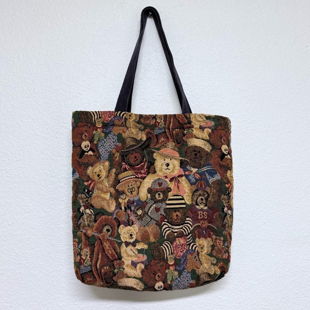 Bears All Over Print Brown Tapestry Boho Double Strap Book Bag Tote